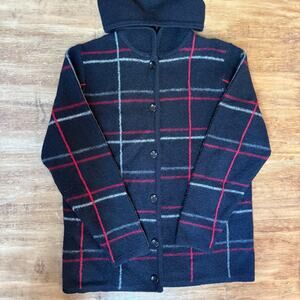 100% Wool Striped Button-Up Hooded Sweater Medium - Natural Eco Friendly Warmth